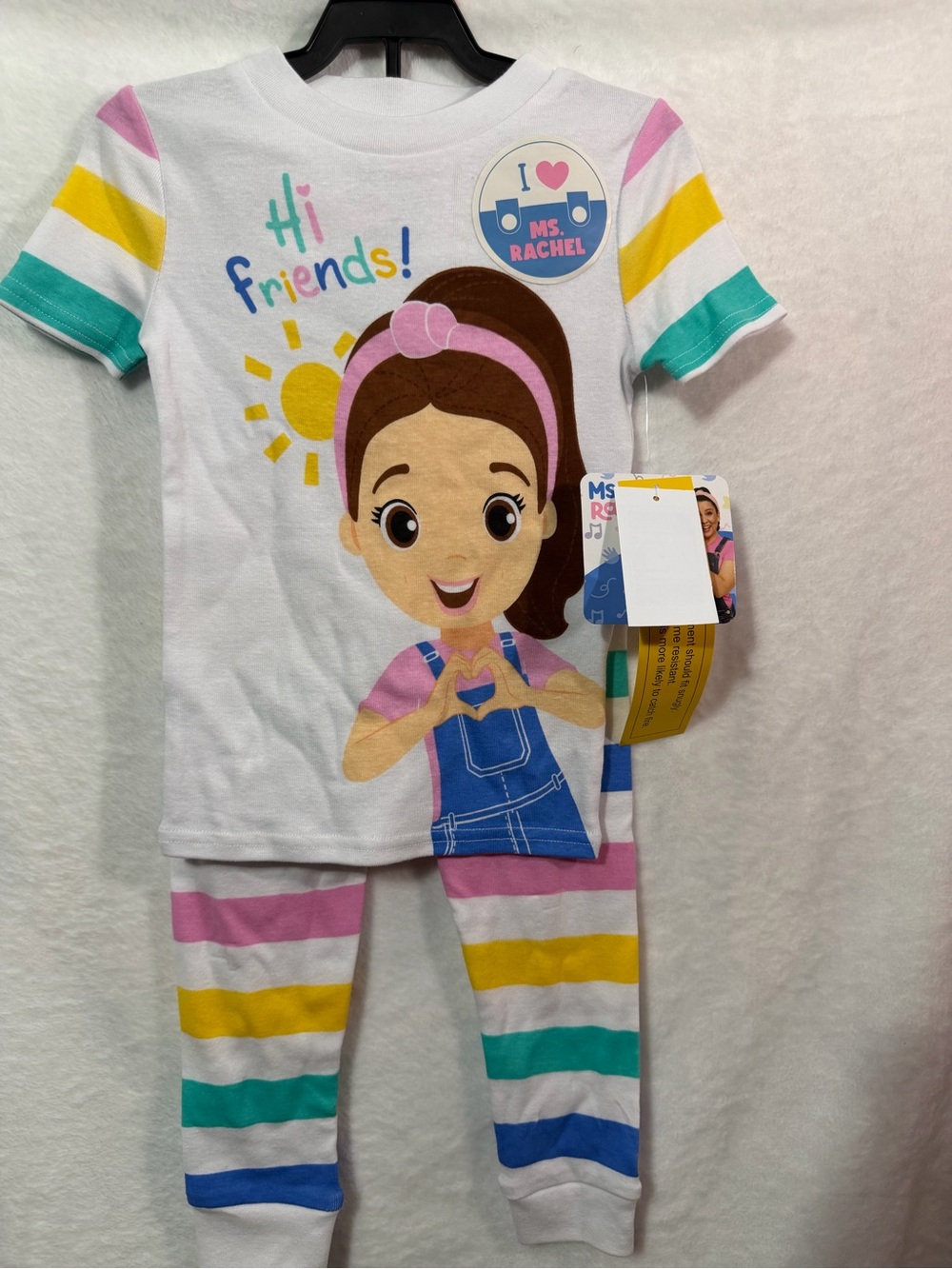 Rachel White Pajama Set with Pink, Yellow, Teal & Blue Stripes